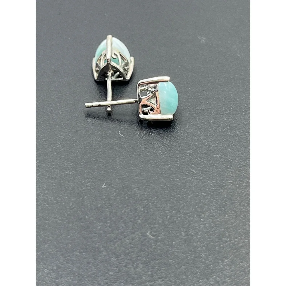 Sterling Silver Ocean Blue Larimar Rounded Triangular Prong‎ Stud Earrings